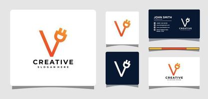 bokstaven v elektrisk kontakt logotyp mall med visitkort design inspiration vektor