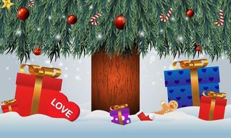 Geschenke unter dem Weihnachtsbaum. Weihnachtsgeschenk im Schnee. verschiedene Geschenke wie Teddybären, Geschenkboxen und Bonbons. vektor