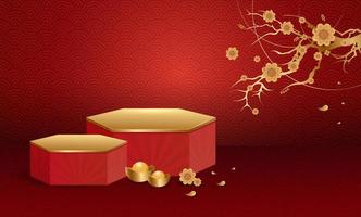 podium und hintergrund für chinesisches neujahr, chinesische festivals, mittherbstfest, blume und asiatische elemente im hintergrund. vektor