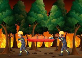 skogsbrand scen med brandman räddning i tecknad stil vektor