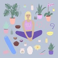 yoga set illustration flicka gör yoga hemma vektor