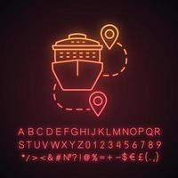 Symbol für Neonlicht auf Kreuzfahrtrouten. Reiseziele. Kreuzfahrtschiff mit Kartenpunkten. reiseroutenplaner. Reiseverlauf. leuchtendes zeichen mit alphabet, zahlen und symbolen. vektor isolierte illustration