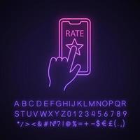 App-Bewertung Neonlicht-Symbol. Kundenfeedback-Anwendung. Rangfolge. Bewertungen. leuchtendes zeichen mit alphabet, zahlen und symbolen. vektor isolierte illustration