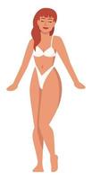 Badeanzugmodell mit gebräunter Haut, halbflache RGB-Farbvektorillustration. posierende Figur. Selbstakzeptanz. person, die den körperpositivitätsansatz fördert, isolierte zeichentrickfigur auf weißem hintergrund vektor