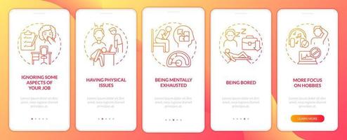 ledtrådar till fel karriärval röd gradient onboarding mobilappskärm. genomgång 5 steg grafiska instruktioner sidor med linjära koncept. ui, ux, gui mall. otaliga pro-fet, vanliga typsnitt som används vektor