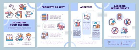 blaue broschürenvorlage für allergen-lebensmitteltests. Produkte zum Testen. Broschürendesign mit linearen Symbolen. 4 Vektorlayouts für Präsentationen, Jahresberichte. arial-schwarz, unzählige Pro-Regular-Schriftarten verwendet vektor