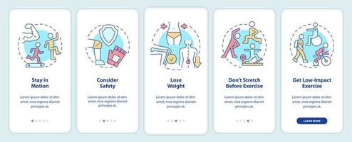 Tipps für gesunde Gelenke beim Onboarding auf dem Bildschirm der mobilen App. Bleiben Sie in Bewegung Walkthrough 5 Schritte grafische Anleitungsseiten mit linearen Konzepten. ui, ux, gui-Vorlage. Unzählige pro-fette, normale Schriftarten werden verwendet vektor