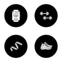 fitness glyf ikoner set. sportutrustning. hantlar, måttband, sneakers, sportarmband. vektor vita silhuetter illustrationer i svarta cirklar