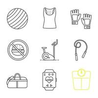fitness linjära ikoner set. tunn linje kontur symboler. fitball, linne, gymhandskar, hälsosam kost, motionscykel, hopprep, väska, sportarmband, våg. isolerade vektor kontur illustrationer