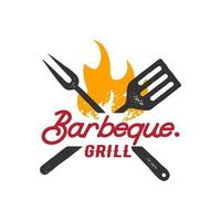 Grill-Vintage-Logo-Design. flache illustration des grilllebensmittel-, feuer- und spachtelkonzeptschablonenvektors vektor