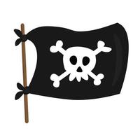 piratflagga i tecknad stil på vit bakgrund. svart piratflagga på en pinne fladdrar i vinden vektor