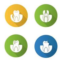 tandvård platt design lång skugga glyph ikoner set. stomatologi. tandköttsblödning, tandvärk, trasig tand, karies. vektor siluett illustration