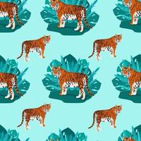 Tiger, der zwischen dicken Palmblättern steht, wilde Fleischfresser, die im Dschungel leben, Vektorillustration im flachen Stil. vektor