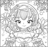 målarbok prinsessa kawaii stil söt anime tecknad ritning illustration vektor doodle