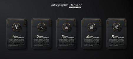 Dunkelgold elegante Infografik 3D-Vektorvorlage mit Schritten zum Erfolg. Präsentation mit Symbolen für Linienelemente. geschäftskonzeptdesign kann für web-, broschüren-, diagramm-, diagramm- oder bannerlayout verwendet werden vektor