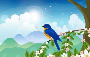 Frühlingslandschaftshintergrundkonzept mit blauem Vogel vektor