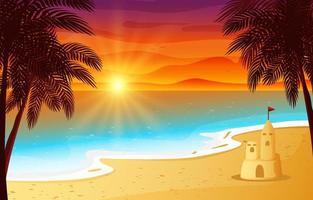 strandlandschaftshintergrund mit sonnenuntergangansicht vektor