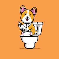 niedlicher corgi-hund, der mit dem lesen von zeitungs-cartoon-vektor-symbol-illustration kackt. Tier-Icon-Konzept isolierter Premium-Vektor. vektor