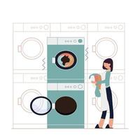 Frau wäscht Kleidung in der Waschmaschine. flache vektorillustration vektor