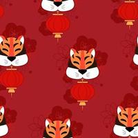 Mustertiger mit chinesischer Laterne und Blumenvektorillustration auf Farbhintergrund