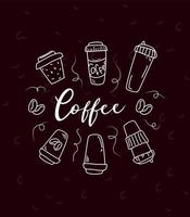 ein plakat mit kaffeetassen um die aufschrift kaffee. Vektor handgezeichnete Kaffeetassen. Illustration