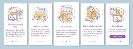 copywriting kurser onboarding mobil app sida skärm vektor mall. genomgångssteg för digital marknadsföring. smm, seo. innehållsskapande. reklamtexter skriva. ux, ui, gui smartphone-gränssnitt