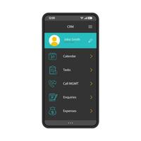 CRM-Anwendungs-Smartphone-Schnittstellenvektorvorlage. mobile softwareseite schwarzes designlayout. Kundenbeziehungsmanagement-App-Bildschirm. flache ui. Kalender, Aufgaben, Anfragen, Spesen Telefonanzeige vektor