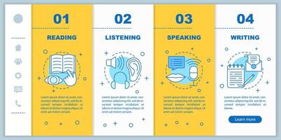 kognitiva aktiviteter onboarding mobil app sida skärm vektor mall. läsa, tala, lyssna, skriva genomgångssteg med linjära illustrationer. ux, ui, gui smartphone gränssnitt koncept