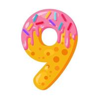 Donut Cartoon neun Nummernvektorillustration. Keks-Schriftart. glasiertes fettes Symbol mit Zuckerguss. verlockende Typografie mit flachem Design. Kekse, Waffel-Mathe-Zeichen. gebäck, bäckerei isolierte clipart vektor