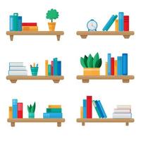 flache Bücherregale mit bunten Objekten. Cartoon-Design-Stil. vektor