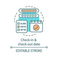 Symbol für das Konzept des Check-in- und Check-out-Termins. selbst geplante Reise. Kalender, An- und Abreisedatum. buchung hotelidee dünne linie illustration. Vektor isoliert Umrisszeichnung. editierbarer Strich