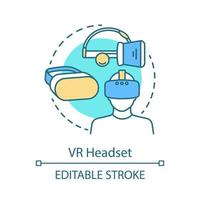 VR-Headset-Konzept-Symbol. Virtual-Reality-Gerät. stereoskopisches Head-Mounted-Display. Maskenset für virtuelle Realität. vr-brille, brillenidee dünne liniensymbole. Vektor isoliert Umrisszeichnung. editierbarer Strich