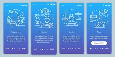 städbyrå personal onboarding mobil app sida skärm vektor mall. hushållerska, vaktmästare. genomgång webbplats steg, linjär illustration. städfirma. ux, ui, gui smartphone gränssnitt koncept