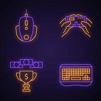 Esports-Neonlicht-Symbole gesetzt. Spielgeräte. mobiles Spiel. Preisgeld. leuchtende Zeichen. Vektor isolierte Illustrationen