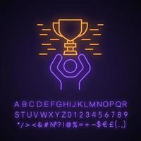 Symbol für Neonlicht, das das Turnier gewinnt. Esports-Wettbewerb. Spieler mit Auszeichnung. Siegerpokal. goldene Trophäe. leuchtendes zeichen mit alphabet, zahlen und symbolen. vektor isolierte illustration