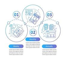 Zeitung, Magazin-Abonnement-Vektor-Infografik-Vorlage. wöchentliche, monatliche Tarifpläne. Datenvisualisierung mit drei Schritten und Optionen. Diagramm der Prozesszeitleiste. Workflow-Layout mit Symbolen vektor