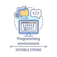 Programmierumgebung, Sprachkonzept-Symbol. softwaretechnik, app-entwicklungsidee dünne linienillustration. IT-Branche, Drehbuchschreiben. Vektor isoliert Umrisszeichnung. editierbarer Strich