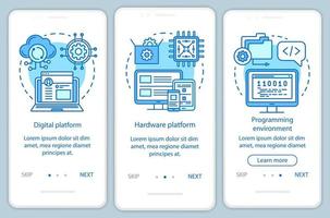 Hardware-Plattform beim Onboarding der mobilen App-Seitenbildschirm-Vektorvorlage. Software zum Testen von Elektronik. Walkthrough-Website-Schritte mit linearen Illustrationen. ux, ui, gui smartphone-schnittstellenkonzept vektor