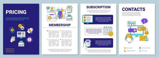 Layout der Preisbroschürenvorlage. flyer, broschüre, broschürendruckdesign mit linearen illustrationen. Mitgliedschaft und Abonnement. Vektorseitenlayouts für Zeitschriften, Geschäftsberichte, Werbeplakate vektor