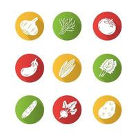 Gemüse flaches Design lange Schatten-Glyphen-Symbole gesetzt. Knoblauch, Rüben, Mais, Tomaten, Kartoffeln. Vitamine und Ernährung. gesunde Ernährung. Salat Zutat. veganes Essen. Vektor-Silhouette-Illustration vektor