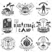 Satz Basketball-College-Club-Abzeichen. Vektor. konzept für hemd, druck, stempel oder t-stück. Vintage-Typografie-Design mit Krokodil- und Basketballball-Silhouette.