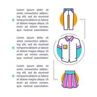 skoluniform artikel sida vektor mall. beskrivning av elevkläder. broschyr, tidning, häfte designelement med linjära ikoner och textrutor. tryckdesign. konceptillustrationer med textutrymme