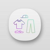 Kricket einheitliches App-Symbol. Cricket-Weiße. sportliche Flanellhemden. Sportbekleidung. Kragenhemd, lange Hose, Mütze, Schuhe. ui ux-benutzeroberfläche. Web- oder mobile Anwendungen. Vektor isolierte Illustrationen