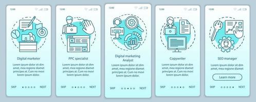 digital marknadsföring specialiteter turkos onboarding mobil app sidskärm med linjära koncept. seo manager genomgångssteg grafiska instruktioner. ux, ui, gui vektormall med illustrationer vektor