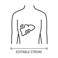 Lineares Symbol für kranke Leber. Hepatitis, Zirrhose. wundes Organ. ungesunde Verdauungsdrüse. Magen-Darmtrakt. dünne Liniendarstellung. Kontursymbol. Vektor isoliert Umrisszeichnung. editierbarer Strich