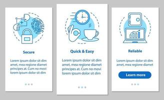 digitala tjänster onboarding mobil app sidskärm med linjära koncept. affärsprogramvara. säkerhet, snabb och enkel lansering, pålitlig servicesteg grafisk instruktion. ux, ui, gui vektorillustration vektor