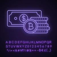 Symbol für Bitcoin-Münzen und Dollar-Banknoten-Neonlicht. Kryptowährung Investition. Ersparnisse. digitale Geldeinzahlung. leuchtendes zeichen mit alphabet, zahlen und symbolen. vektor isolierte illustration