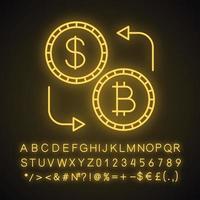 Symbol für Neonlicht für Bitcoin und Dollar. Kryptowährung. Erstattung. leuchtendes zeichen mit alphabet, zahlen und symbolen. vektor isolierte illustration