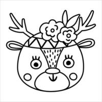 Vektor schwarz-weiß süßes Wildtiergesicht mit Blumen auf dem Kopf und geschlossenen Augen. Boho-Wald-Avatar. lustige hirschillustration für kinder. Waldliniensymbol isoliert auf weißem Hintergrund.