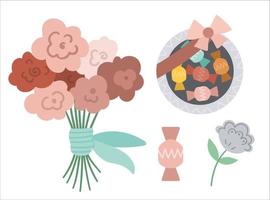 Vektor-Geschenkset. umriss bonbonschachtel, blumenarrangement sammlung. süße Geschenkillustration. Urlaubspaket isoliert auf weißem Hintergrund vektor